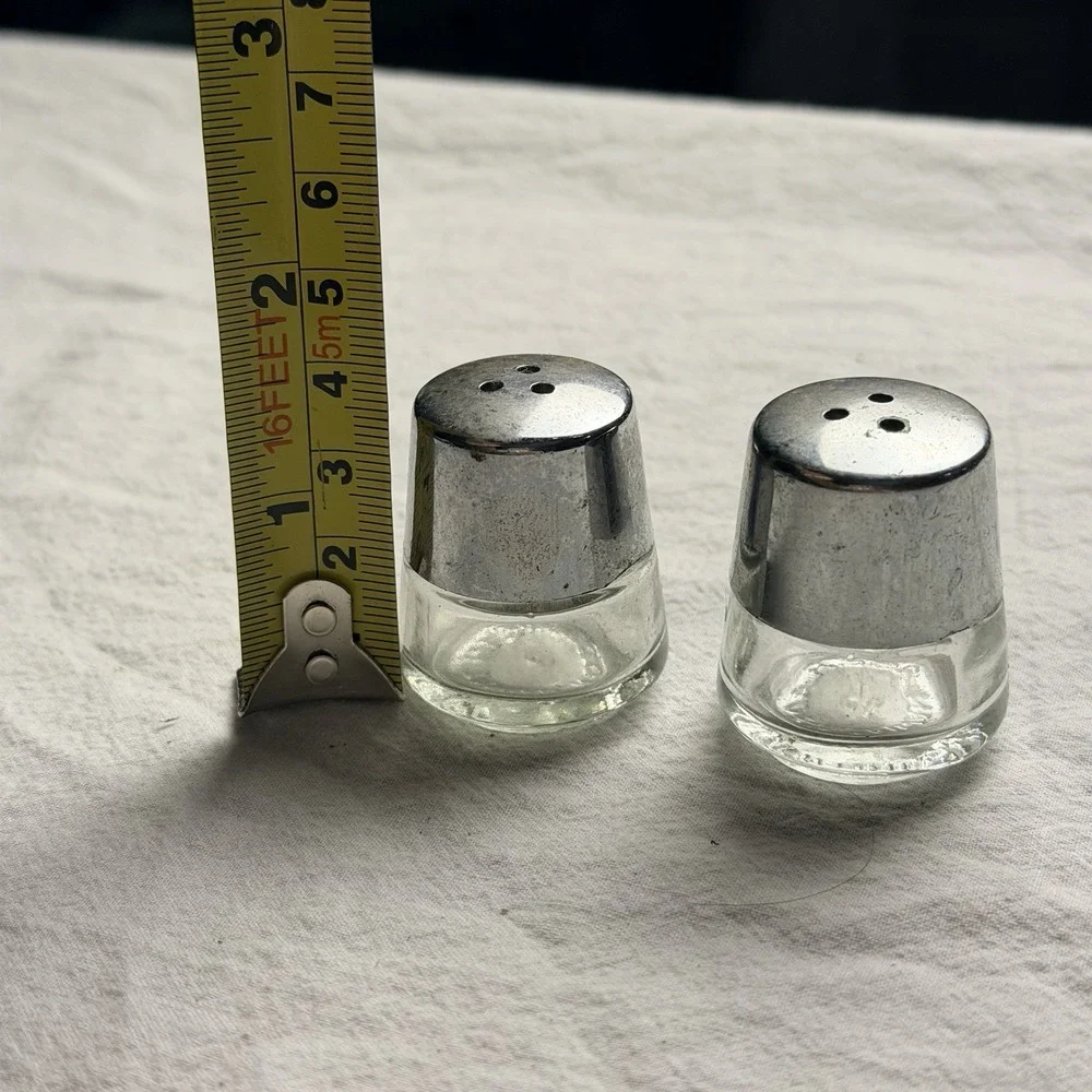 Vintage Miniature Round Glass Salt & Pepper Shakers Metal Lids 1.5